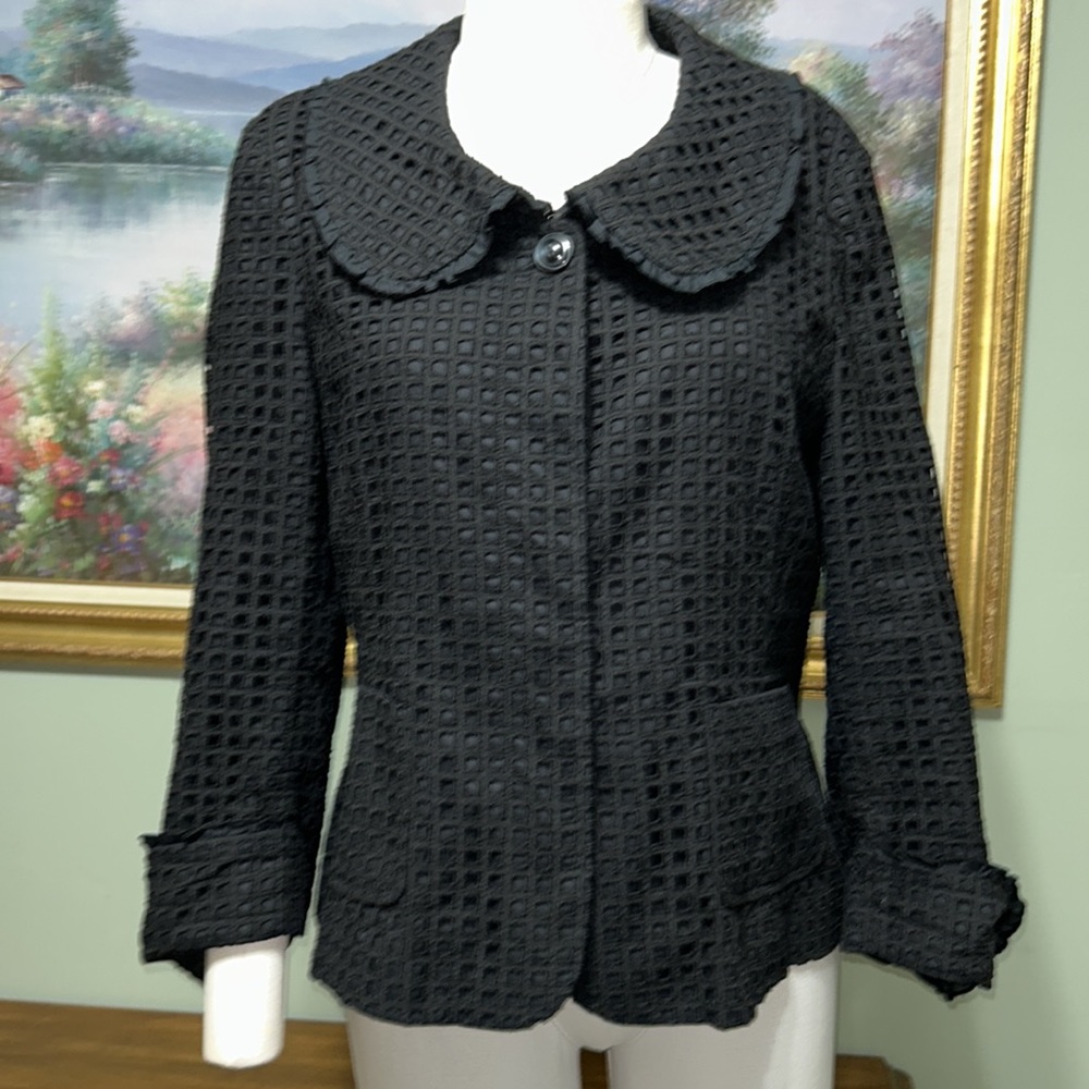 Ellen Tracy Black Square Waffle Cutout Textured Lace overlay Jacket Blazer